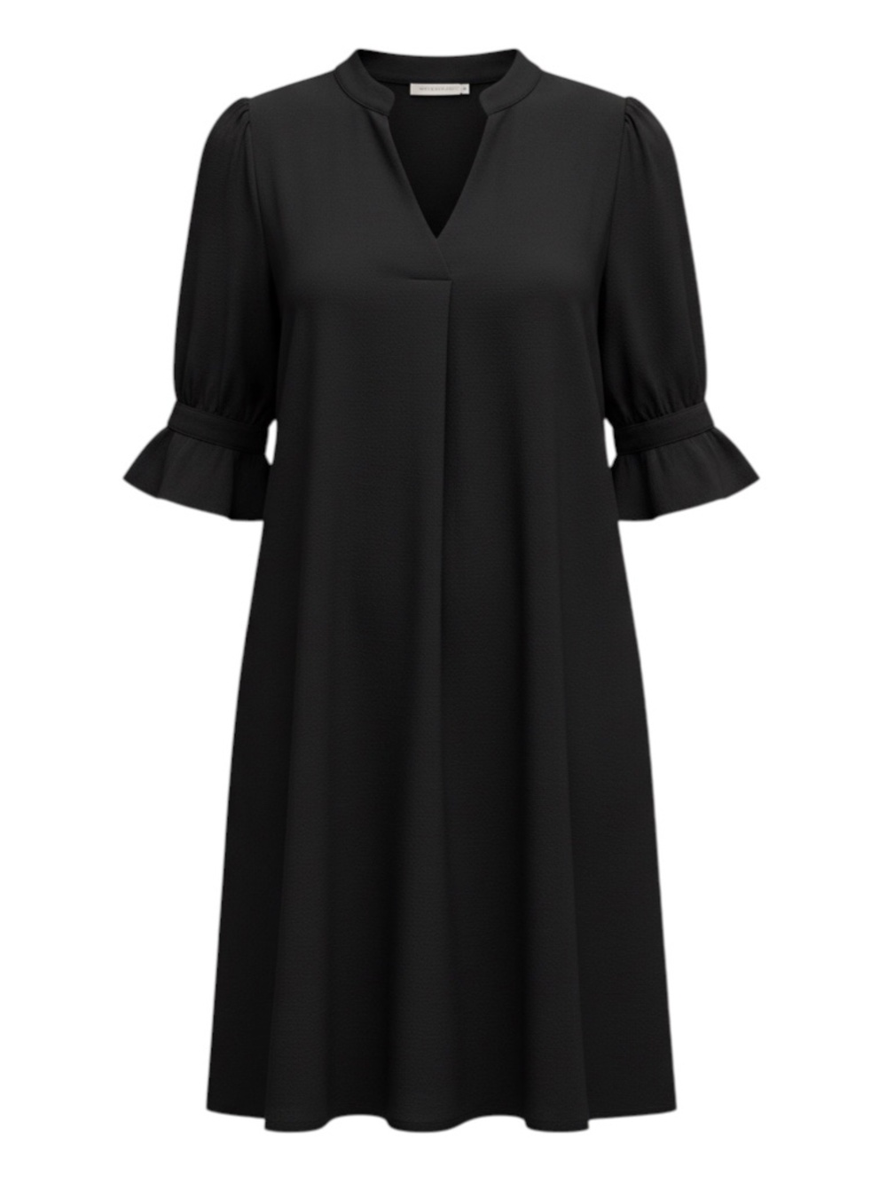 Black Satin V-Neck Puff Sleeve Shift Dress - Large